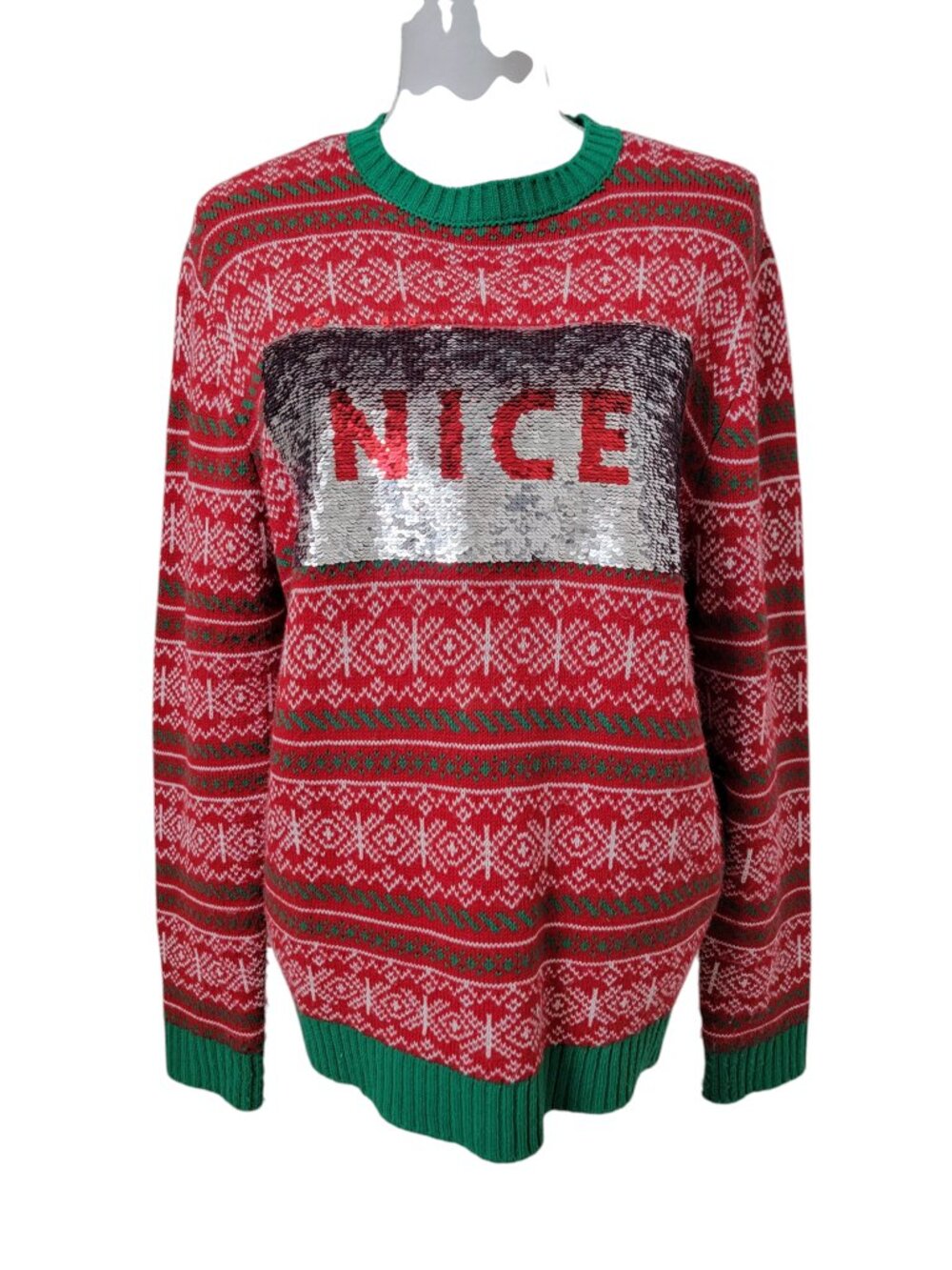 33 Degrees Size M Red & Green Nordic Style Holiday Sweater "Naughty/Nice" Sequin